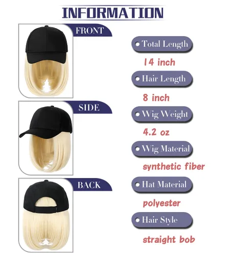 Miniatura 3 de Qlenkay Gorra de béisbol con extensiones de cabello recto, fleco corto, peinado ajustable, extraíble peluca y sombrero ,14 pulgadas para mujer y niña