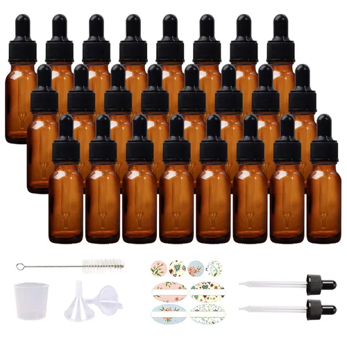 Paquete de 24 botellas de vidrio ámbar de 1/2 oz con cuentagotas de vidrio para aceites esenciales, perfumes y productos químicos de laboratorio (1