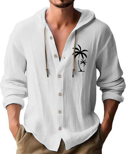 Miniatura 13 de Camisas de manga larga con botones para hombre, camisa con capucha a rayas verticales, casual, para vacaciones, verano, ligera, con cordón Z21