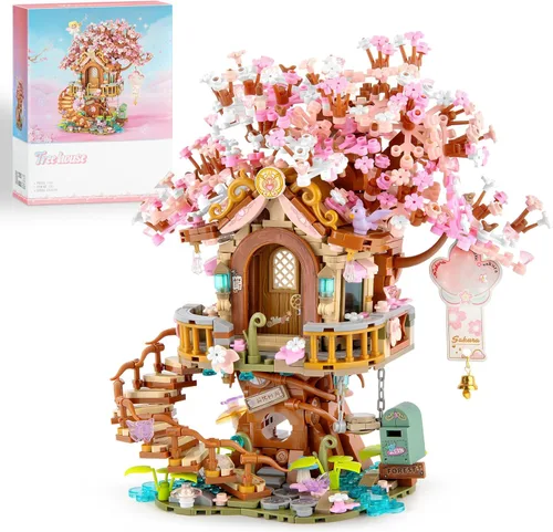 Miniatura 9 de Vziimo Juego de construcción de árbol bonsái en flor de cerezo, juego de modelo de casa de árbol Sakura japonés para adultos, 2028 piezas de mini