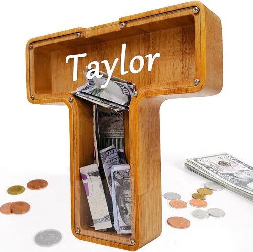 Miniatura 26 de Alcancía para niños y niñas, alcancía grande de madera personalizada con diseño recortado, bancos de monedas con letras del alfabeto, caja de ahorro