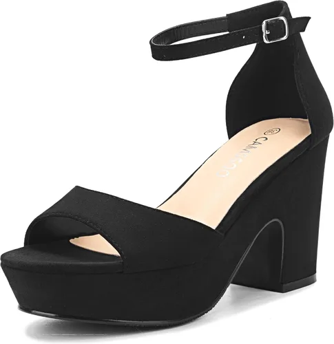 Miniatura 9 de CAMSSOO Sandalias de plataforma para mujer, de gamuza, con puntera abierta, correa al tobillo, a la moda, sexy, para boda, con bloques de tacón