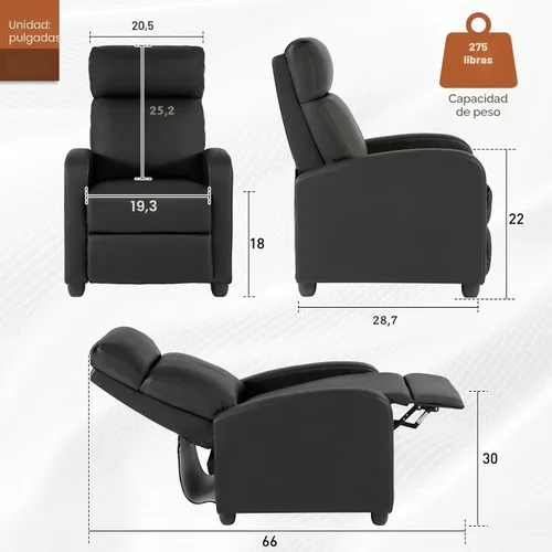 Miniatura 3 de BestMassage - Sillón reclinable sin función de masaje, con soporte lumbar, reclinación de empuje ajustable, reposabrazos anchos, reposapiés y Negro