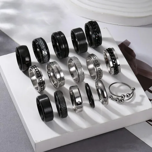 Miniatura 4 de IRONBOX 16 anillos de acero inoxidable para hombres y mujeres, anillos antiestrés para la ansiedad, anillos de cadena giratoria, anillos de boda