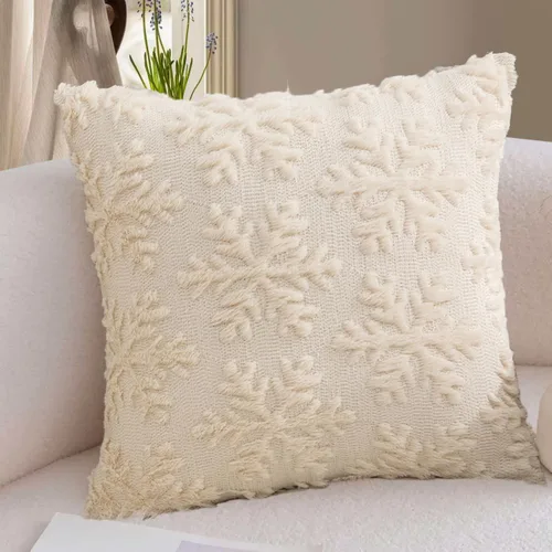 Miniatura 2 de Funda de cojín beige con copo de nieve navideño - 18 x 18 pulgadas de forro de pelo sintético - Juego de 2 fundas de cojín cuadradas bordadas