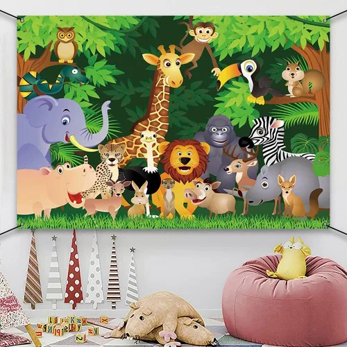 Miniatura 4 de AWERT Cartel de poliéster de 6 x 3.6 pies de dibujos animados de animales de la selva con temática de safari de la selva cartel de cumpleaños