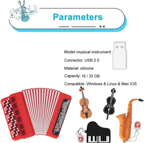 Miniatura 2 de BorlterClamp - Memoria USB de 16 GB, paquete de 5 unidades con bonito patrón de instrumentos musicales, regalo de unidad USB para estudiantes
