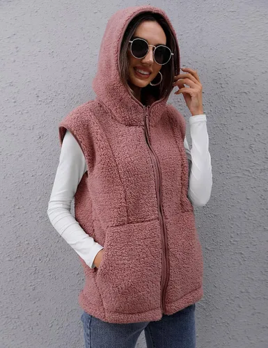 Miniatura 2 de TFSDOD Chaleco de forro polar sherpa para mujer, acogedor, sin mangas, con bolsillo, chaleco con capucha y cremallera para mujer