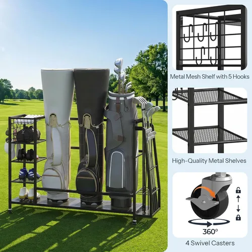 Miniatura 6 de HOOBRO Golf Bag Storage Garage Organizer, Golf Bag Storage Stand Fits 3 Golf Bags and Golf Equipment Rack with Wheels, Extra Storage Rack for
