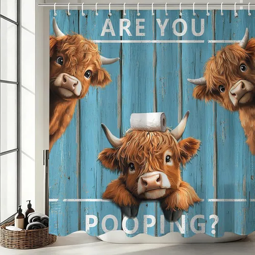 Mocsicka - Cortina de ducha vintage divertida de vacas de las tierras altas con 12 ganchos, cortina de baño de granja retro azul con tablas para