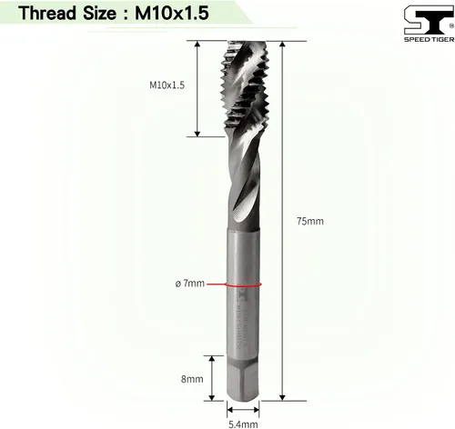 Miniatura 2 de SPEED TIGER TSM_M10x1.5 Grifos de flauta en espiral HSS, Tolerancia métrica M10x1.0.197 in H3, sin recubrimiento 3 flautas rectas - Fabricado