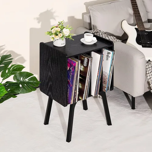 Miniatura 8 de LELELINKY - Soporte pequeño para tocadiscos de 11.7 pulgadas de ancho, mesa de almacenamiento para discos de vinilo color negro con 4 gabinetes