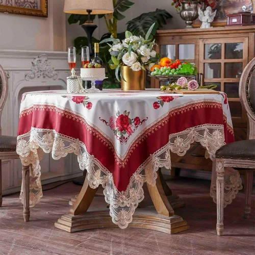 Miniatura 14 de SUTAVIA Mantel de Mesa Bordado con Encaje, Cubierta de Mesa Rectangular Estilo Granja, Mantel de Macramé Clásico Oblongo con Decoración Floral