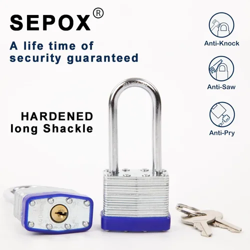 Miniatura 2 de SEPOX® Paquete de 6 candados con la misma llave con la misma llave, 2 unidades cada juego, grillete extralargo, cuerpo de acero laminado resistente