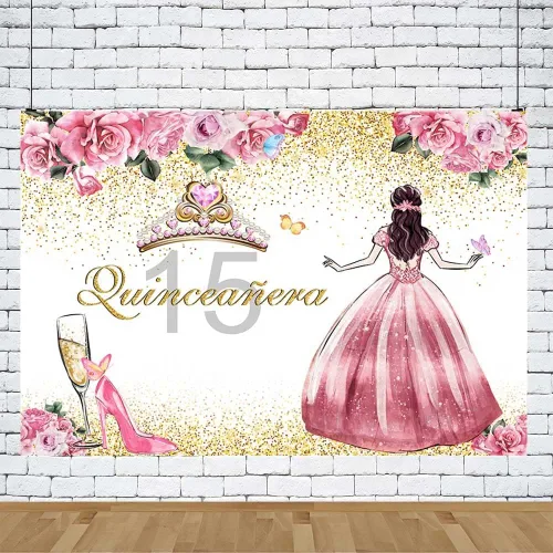 Miniatura 5 de AIBIIN Telón de fondo de quinceañera de 15 cumpleaños para niñas, fondo de fotografía rosa floral dorado con purpurina, corona de princesa, tacones