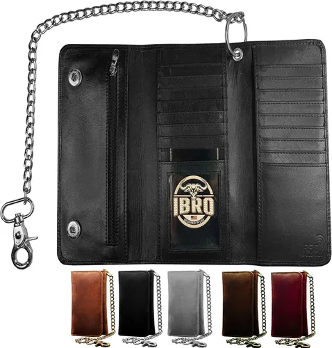 IBRO VINTAGE - Cartera de cadena de motocicleta para hombres Cuero de vaca premium, cartera de motociclista RFID de tres pliegues con cadena