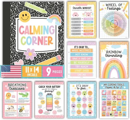 Miniatura 16 de Hadley Designs 9 carteles de esquina relajantes para el aula, suministros de esquina tranquila con tabla de emociones, póster de consejero escolar
