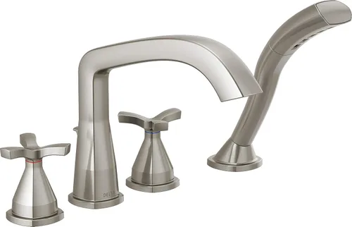 DELTA FAUCET T47766-SS - Montaje en cubierta de bañera romana de cuatro agujeros con desviador, acero inoxidable