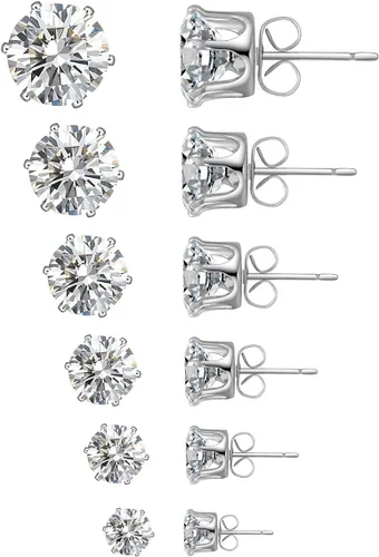Juego de 6 pares de aretes tipo dormilona, acero inoxidable 316L con circonia cúbica transparente, 18-516 pulgadas (3-8 mm), para mujeres y hombres