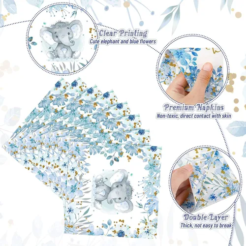 Miniatura 2 de Outus 100 servilletas de elefante azul para baby shower, decoraciones de baby shower para niños, cócteles, postres, servilletas de papel desechables