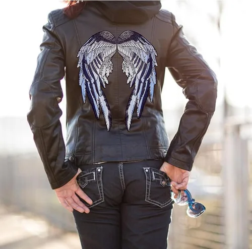 Miniatura 5 de Juego de parches termoadhesivos de alas de ángel, diseño de plumas bordadas gris oscuro y negro para pollitos de motociclista y damas jinetes