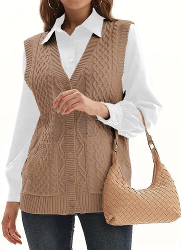 Miniatura 3 de Suéter de punto para mujer, cuello en V, sin mangas, cárdigan con botones, suéter con bolsillo