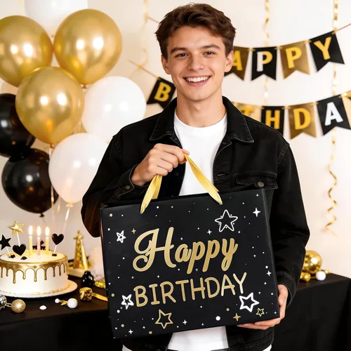 Miniatura 7 de WRAPAHOLIC Bolsa de regalo de cumpleaños grande de 13 pulgadas con tarjeta y papel de seda, bolsas de papel con letras de estrella negra y feliz