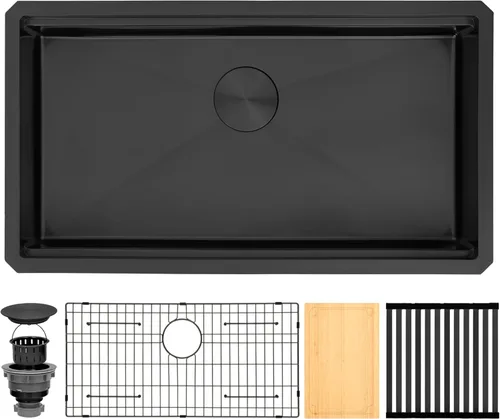 Miniatura 10 de Fregadero de cocina de 33 x 22 pulgadas, color negro, 33 pulgadas de montaje superior, fregadero de cocina de acero inoxidable calibre 16, estación