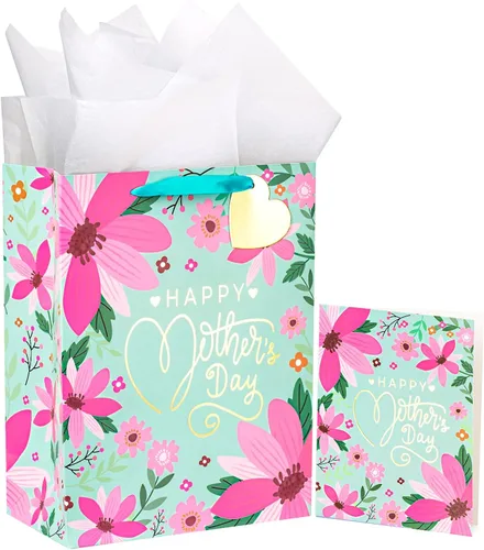 WRAPAHOLIC Bolsa de regalo grande de 13 pulgadas para el Día de la Madre con tarjeta y papel de seda, letras florales y doradas para el Día de la