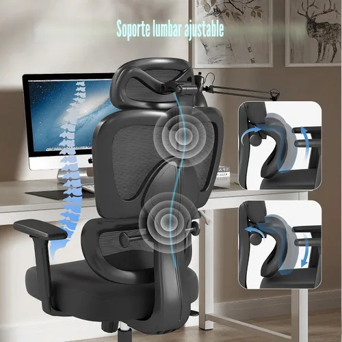 Miniatura 4 de Silla de oficina ergonómica con soporte lumbar ajustable, brazos y reposacabezas 3D, respaldo alto, silla de computadora de escritorio ancha