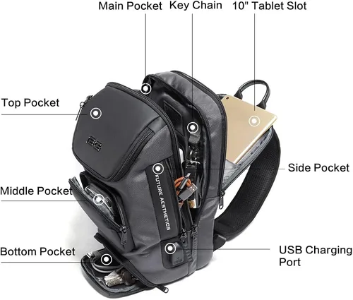 Miniatura 3 de Mochila tipo bandolera para hombre, bolsa de hombro impermeable con puerto USB