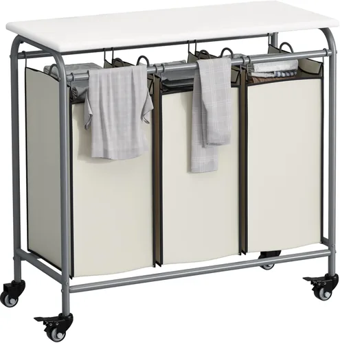 Miniatura 13 de LINZINAR Clasificador de ropa sucia de 3 bolsas, carrito cesto de ropa sucia con ruedas rodantes resistentes y con bloqueo y bolsas removibles