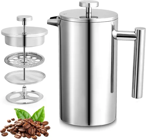 Miniatura 7 de Miuly French Press - Prensa de café de acero inoxidable 304 con doble aislamiento de 34 onzas, cafetera de acero inoxidable (34 onzas, plateada)