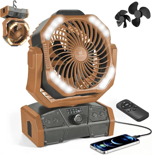 Miniatura 10 de Odoland Ventilador de campamento de 40000 mAh con luz LED, ventilador de escritorio oscilante a batería con control remoto y gancho, ventilador Verde