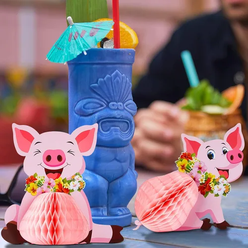 Miniatura 7 de Zonon 4 piezas de decoración de fiesta de cerdo Luau, centros de mesa de tejidos, cerdo rosa, animales de granja, decoraciones para cumpleaños