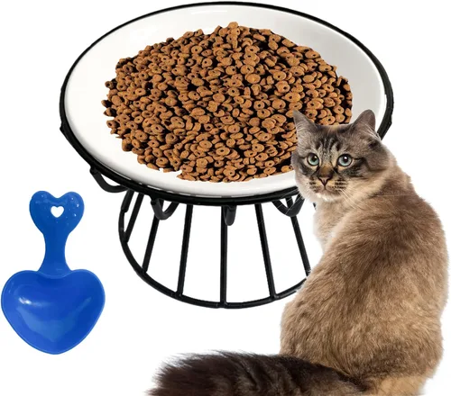 Cuencos de cerámica para gatos con soporte de metal, cuenco elevado para gatos elevados para alimentos y agua, plato poco profundo para gatos de