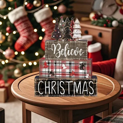 Miniatura 7 de DIYDEC 4 piezas de decoración de mesa de Navidad, árbol de Navidad, letrero de bloque de madera, decoración de bandeja escalonada de Navidad, pieza