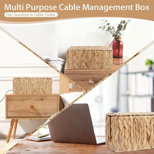 Miniatura 2 de Caja de organización de cables con tapas, organizador de cables de ratán tejido a mano con ranuras abiertas, caja organizadora de escritorio