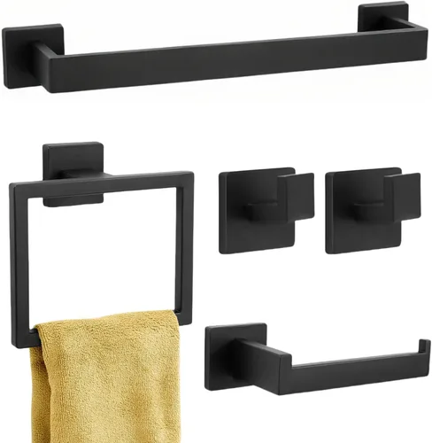 Miniatura 12 de Juego de 5 piezas de herrajes de baño negro mate, juego de toalleros para baño de acero inoxidable SUS304, portarrollos de papel higiénico montado