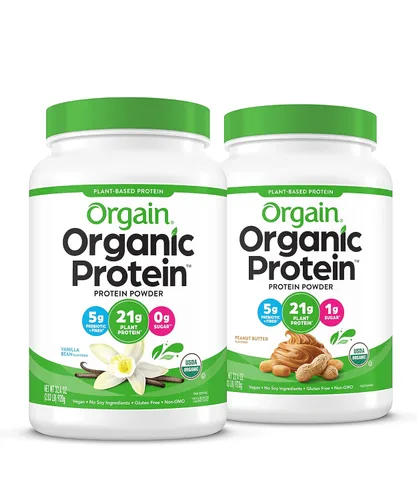 Orgain Polvos de proteínas orgánicas veganas y de mantequilla de maní a base de plantas (2.03 libras cada uno)