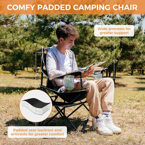 Miniatura 5 de FUNDANGO Silla de camping acolchada plegable, portátil con respaldo completo para exteriores, con soporte para tazas y mesa auxiliar, bolsillo