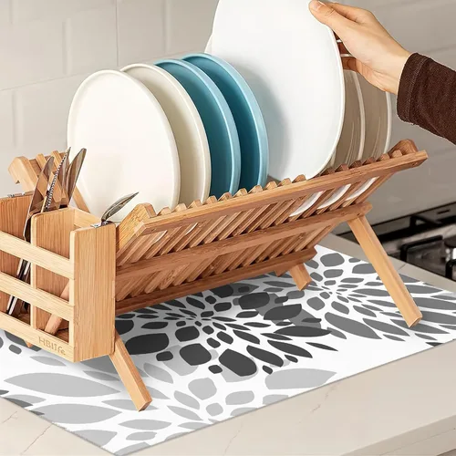 Miniatura 7 de Tapete de secado de platos de dalia blanca y negra para decoración de encimera de cocina, almohadilla geométrica para secado de platos, microfibra