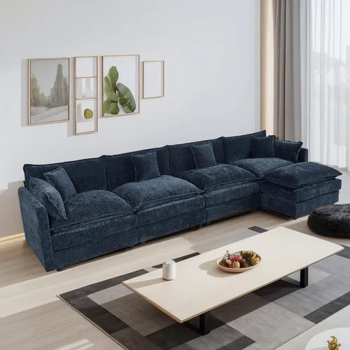 Miniatura 23 de Setawix Sofá Profundo de 3 Plazas con Otomana, Sofás de Nube en Forma de L de 112.2" para Sala de Estar, Sofá de Nube de Chenilla con Asiento Café