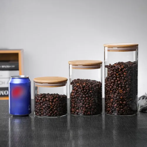 Miniatura 4 de MOLFUJ Contenedor de almacenamiento de vidrio de 18.6 fl oz / 18 onzas líquidas con tapa de madera, organizador decorativo transparente apilable