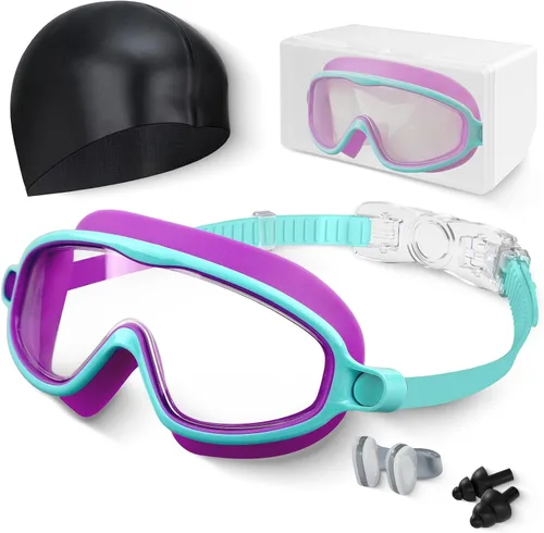 Miniatura 14 de Gafas de natación para niños, antivaho, protección UV y amplia vista & gorro de natación para niños de 3 a 15 años, niños y niñas, bebés