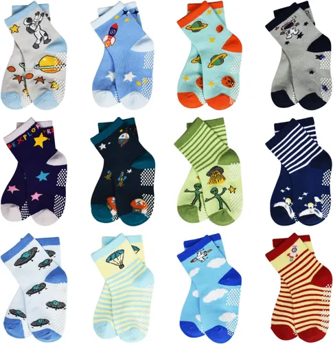 Miniatura 10 de HYCLES Calcetines Antideslizantes para Niños Pequeños, 12 Pares de Calcetines de Algodón con Agarre Antideslizante para Niños y Niñas de 1-7 años