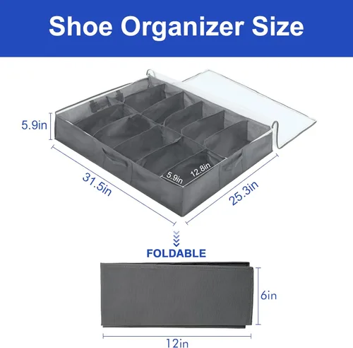 Miniatura 2 de Surblue Organizador de almacenamiento de zapatos debajo de la cama, solución de almacenamiento de zapatos debajo de la cama, 2 cremalleras de metal