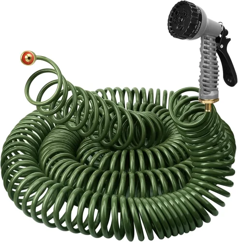 Miniatura 8 de Manguera de jardín enrollada ligera de 25 pies 3/8" EVA flexible con 7 boquillas multifunción y conectores de latón para riego de jardín, plantas