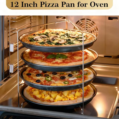 Miniatura 9 de Sartén de pizza de 12 pulgadas para horno, 2 unidades, bandeja redonda de aluminio antiadherente de 1 pulgada de profundidad para hornear pizza
