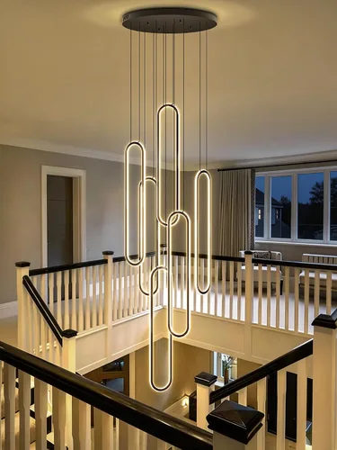 Miniatura 13 de Flashing God Candelabro moderno, candelabros cromados con 6 anillos LED, lámpara de techo alto más grande para sala de estar, lámpara rectangular
